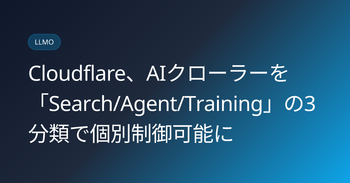Cloudflare、AIクローラーを「Search/Agent/Training」の3分類で個別制御可能に (llmo-news-20260713-cloudflare-ai-crawler-search-agent-training-split)